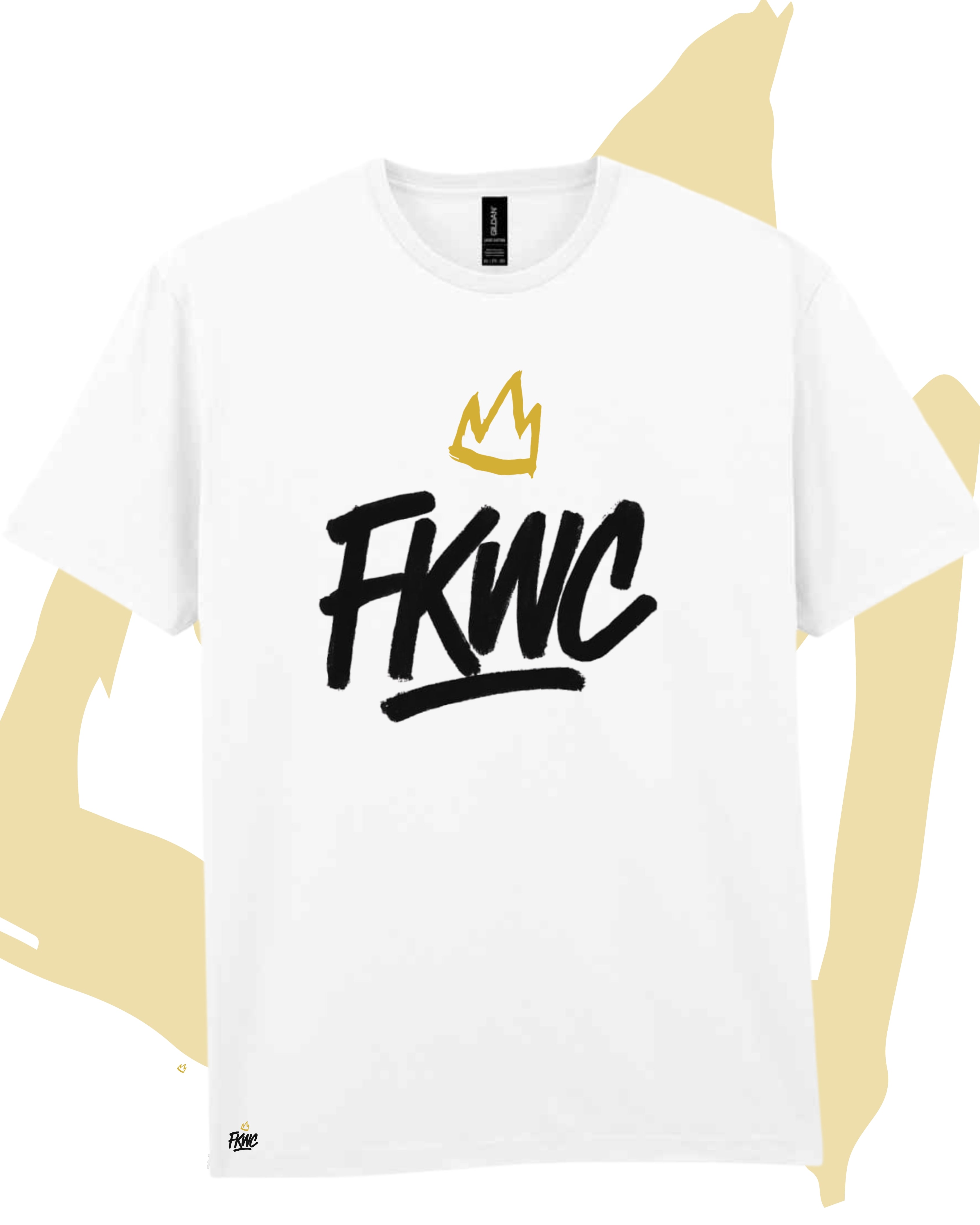 White t-shirt with 'FKWC' logo and gold accents on a white background

