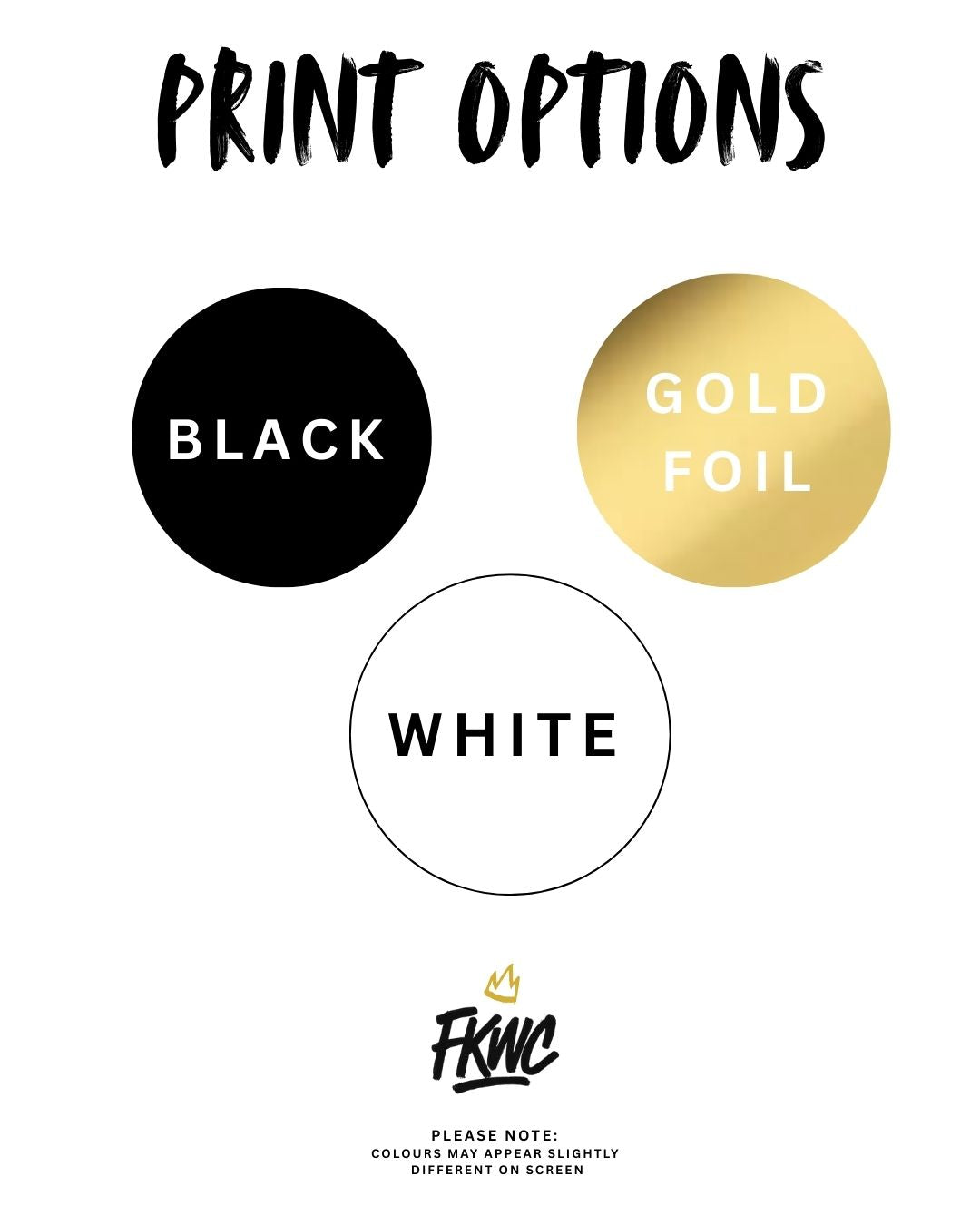 Print options including black, gold foil, and white with FKWC branding on a white background.