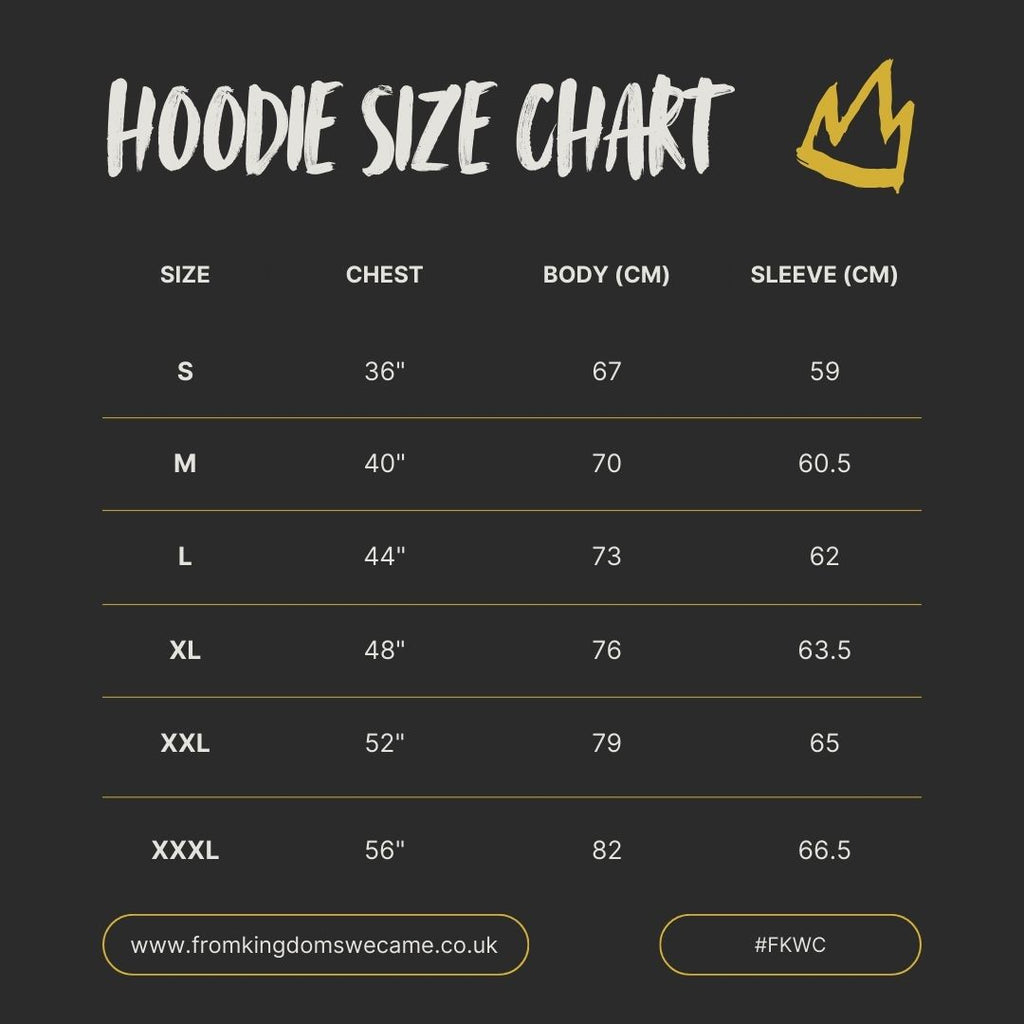 Hoodie size chart with measurements on a black background