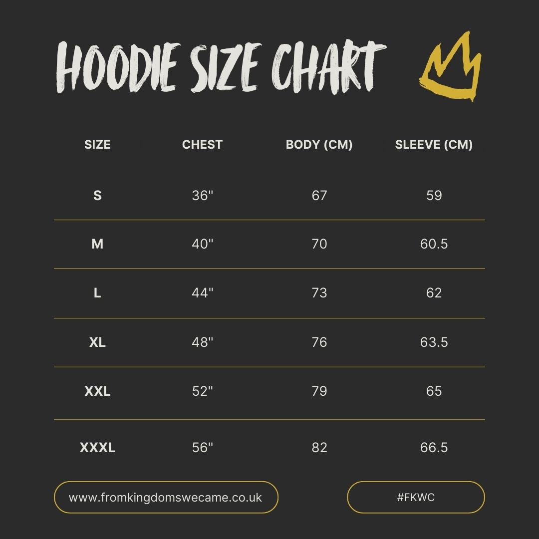 Hoodie size chart with measurements on a black background